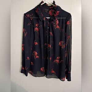 Ann Taylor Sheer Navy  Floral Print Blouse Size Large Ruffles At Neck And Tie